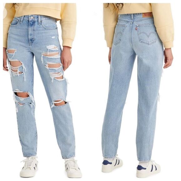 Levi's High Waisted Mom Jeans Deconstructed Indigo Tapered Distressed Size 30 - Picture 1 of 11